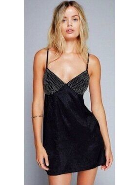 NWT Free People Black Beaded Mini Babydoll Slip Dress| Fairy Grunge Indie Sleaze